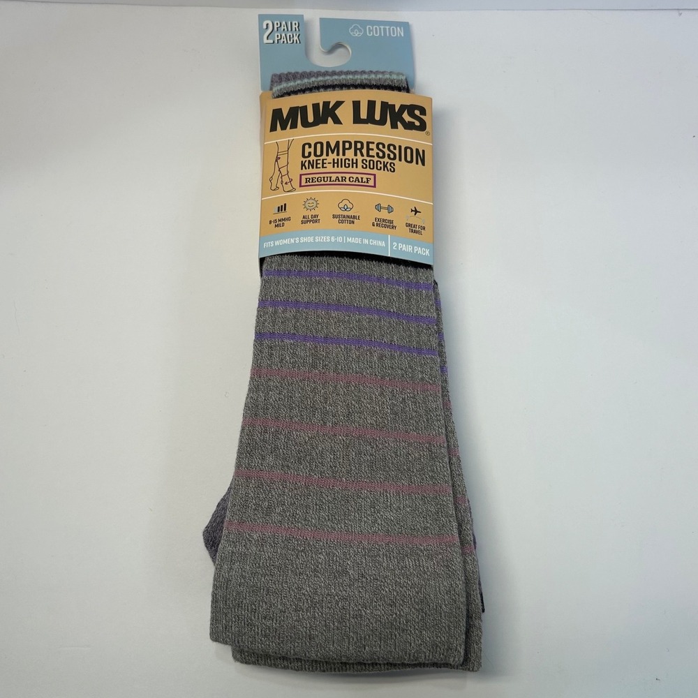 Muk Luks Women 2 Pack Compression Knee-High Socks Grey Purple Size 6-10 New